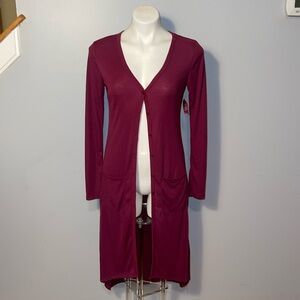 Bongo NWT ladies long thin cardigan sweater. Size small. Maroon/wine.